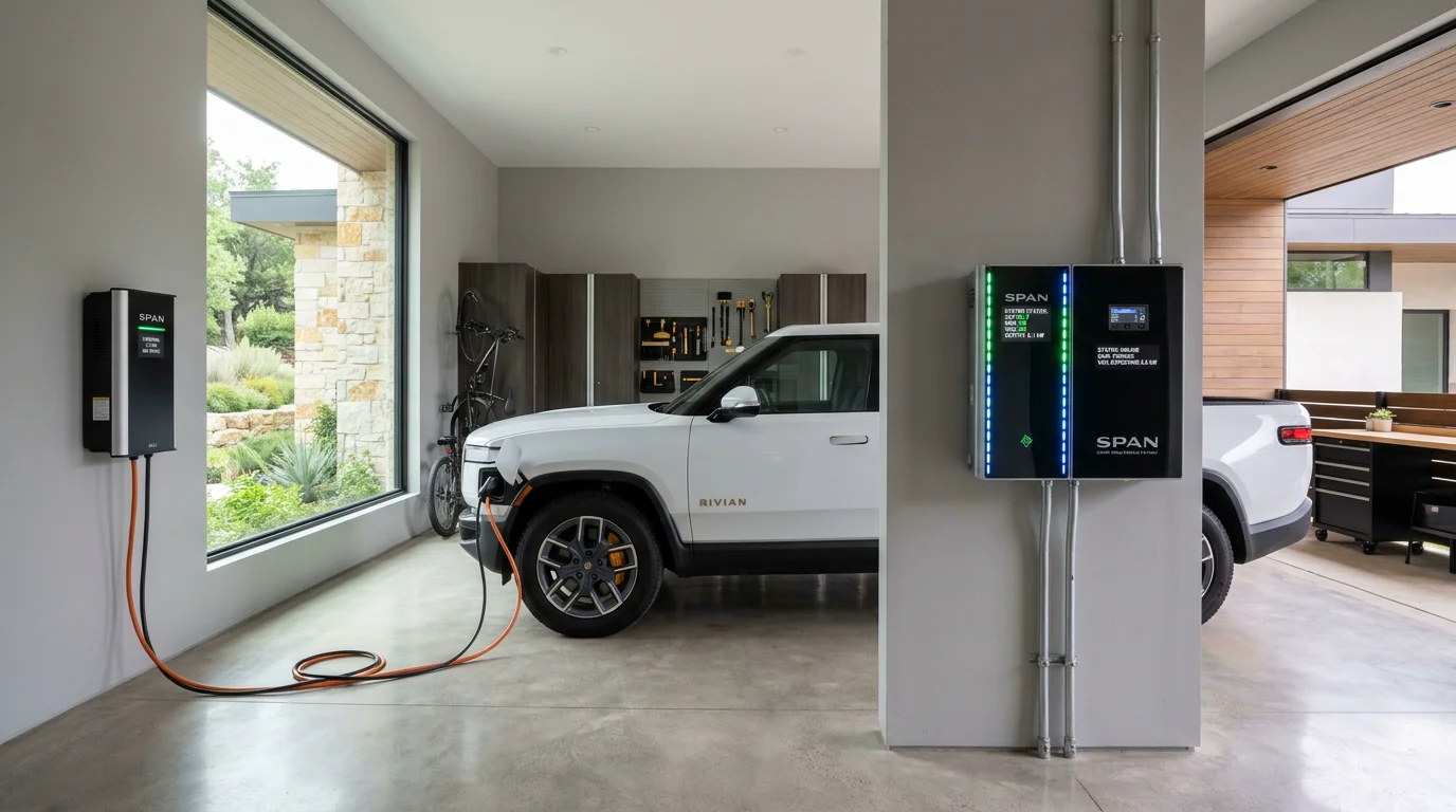 Modern residential garage with bidirectional EV charger connected to home electrical panel