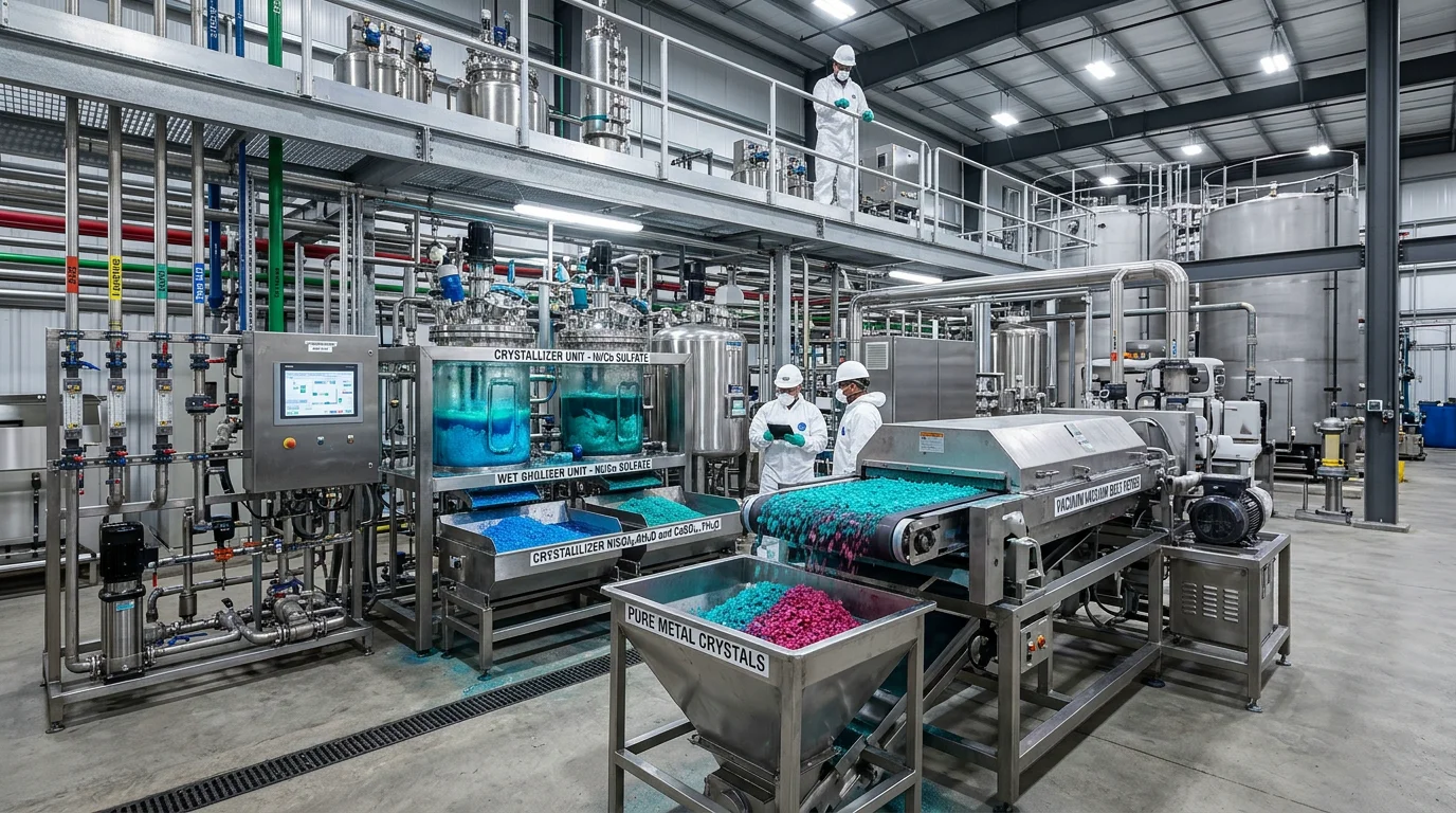 Industrial hydrometallurgical filter tanks extracting purified nickel and lithium sulphate crystals