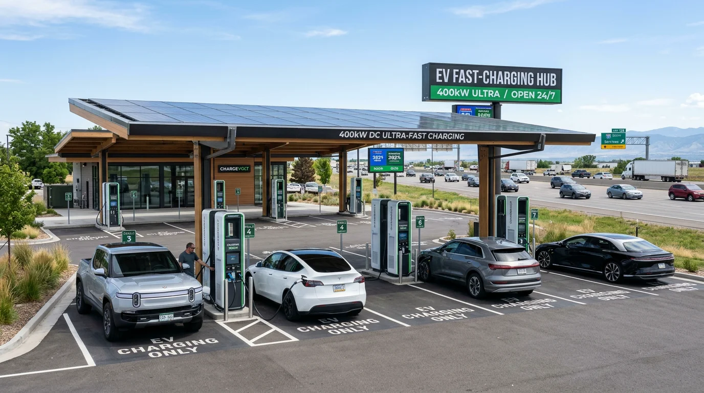Federal highway electric vehicle corridor with multi-stall high-voltage charging units