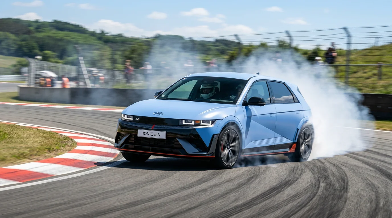Hyundai Ioniq 5 N drifting through a technical chicane on a racetrack