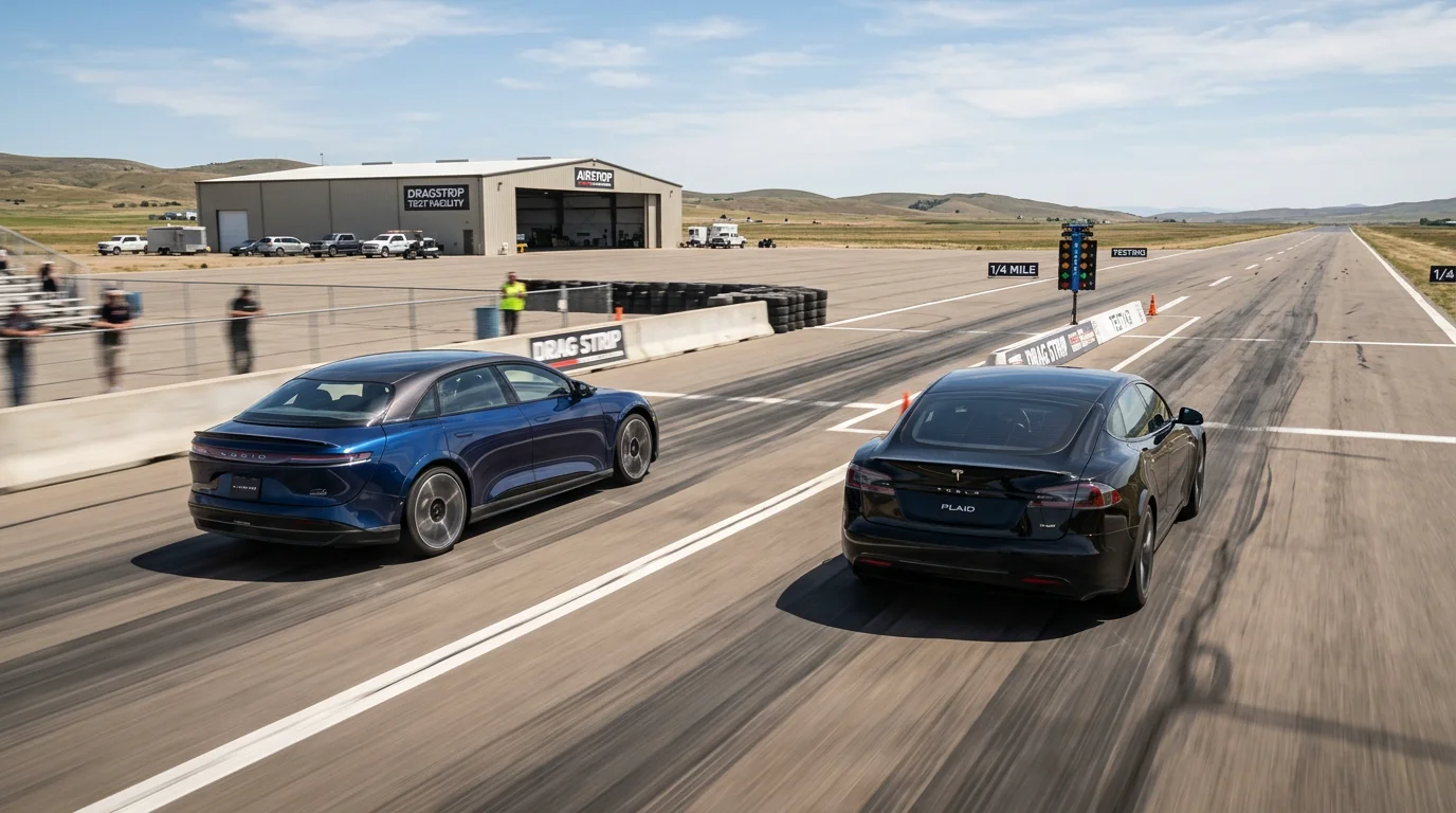 Lucid Air Sapphire and Tesla Model S Plaid lined up on an airstrip drag strip