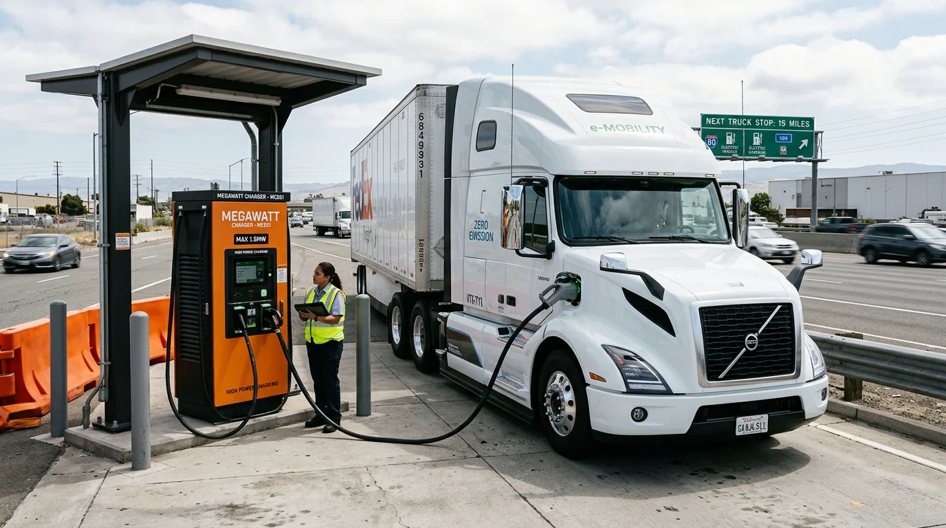 Heavy-duty electric semi-truck plugged into an industrial Megawatt Charging System dispenser