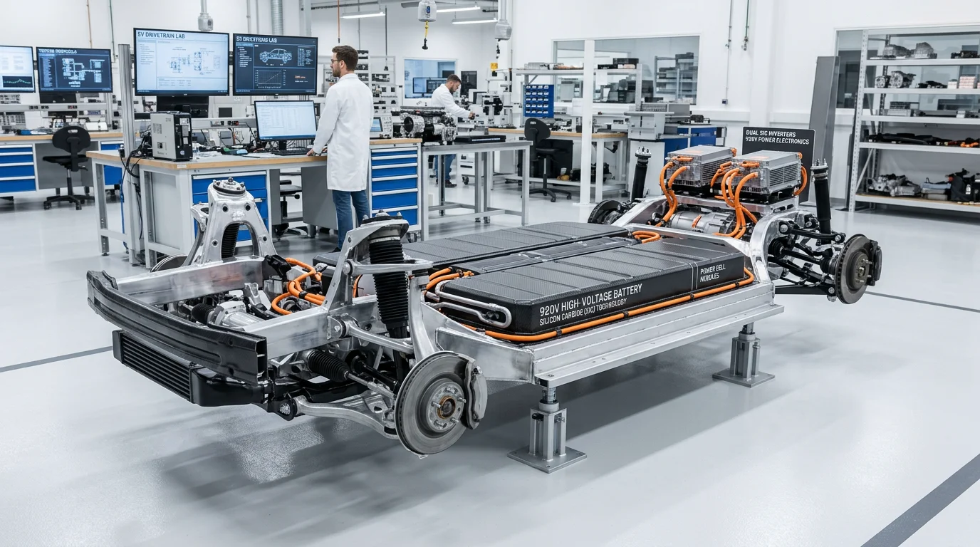High-performance PPE2 chassis display highlighting dual-motor silicon carbide inverters