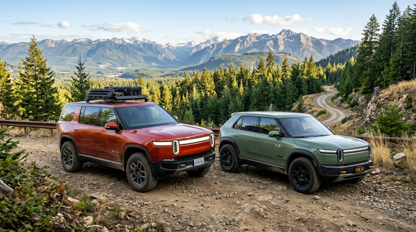 Rivian R2 and R3X parked overlooking a mountainous off-road trail