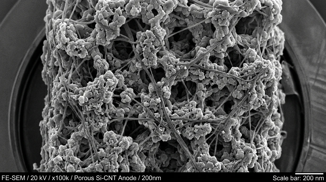 Microscopic cross-section of nanostructured silicon anode battery cell in laboratory