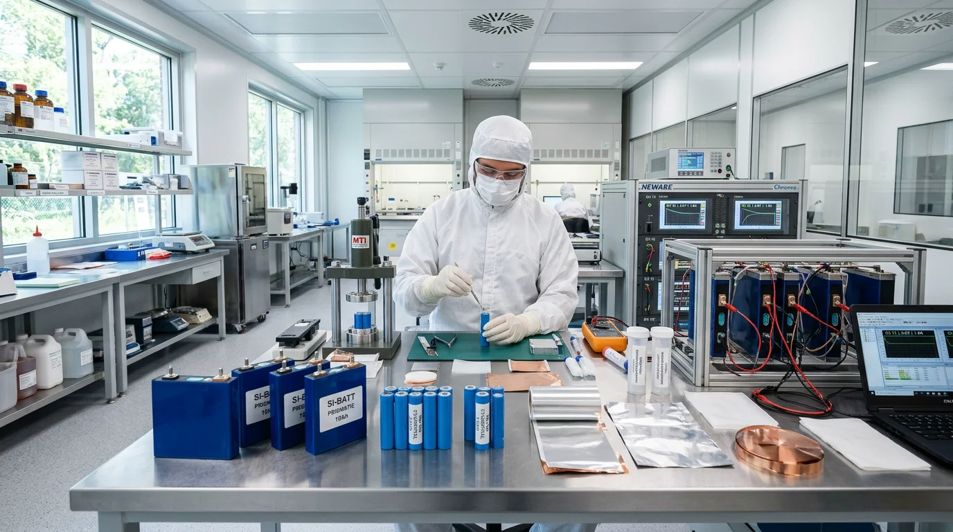 Pouch and cylindrical sodium-ion battery cells arranged on an engineering bench