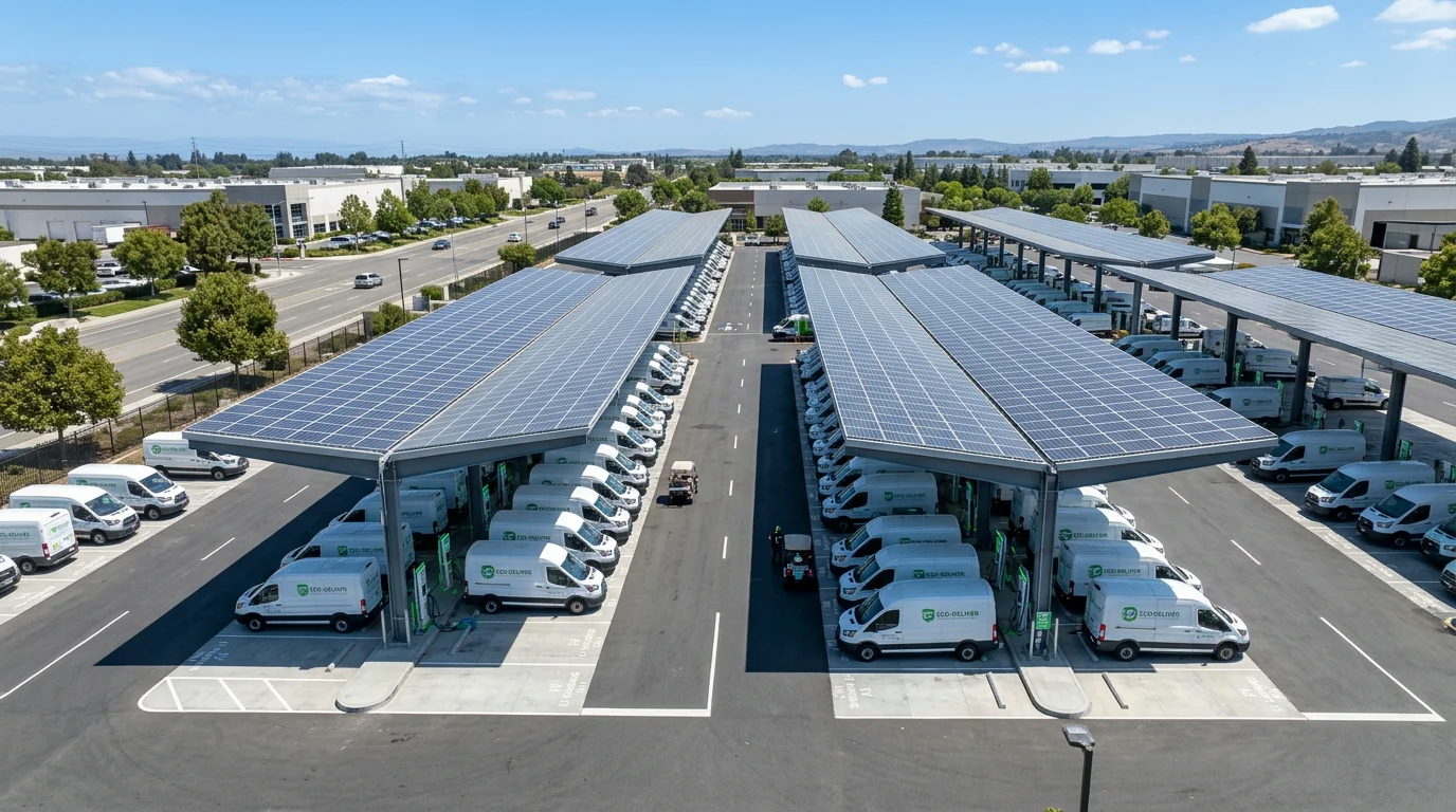 Large scale solar canopy covering an electric commercial vehicle depot