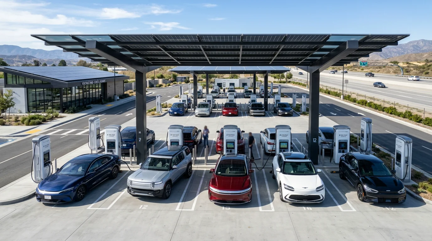 2027 Solid-state battery electric vehicle charging at an ultra-fast highway charging hub