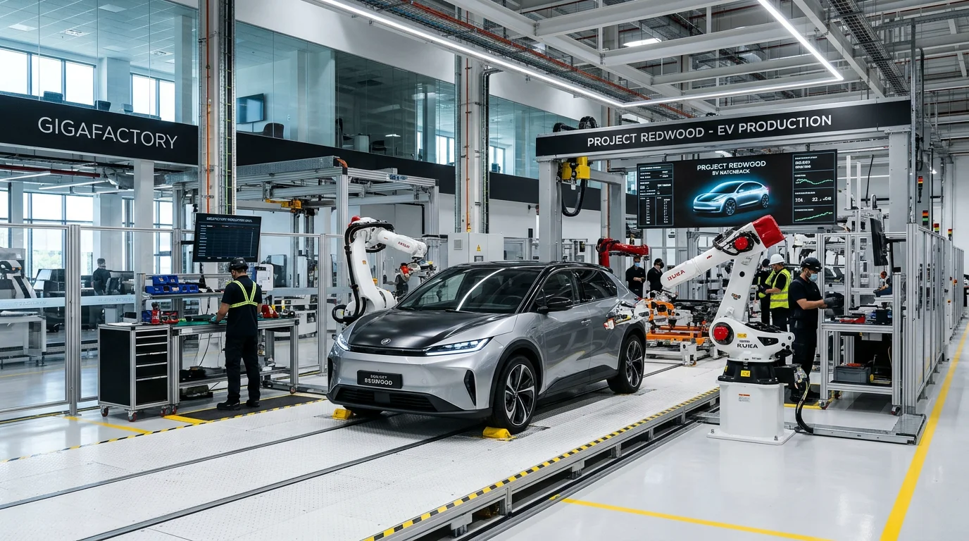 Tesla 2027 compact vehicle render and unboxed production line conceptualization